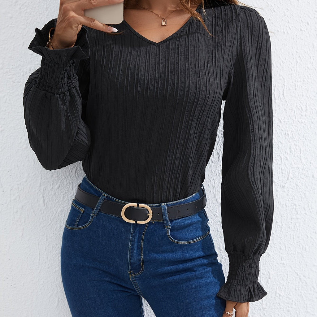 Black Pleated V-Neck Blouse - CristianLavian
