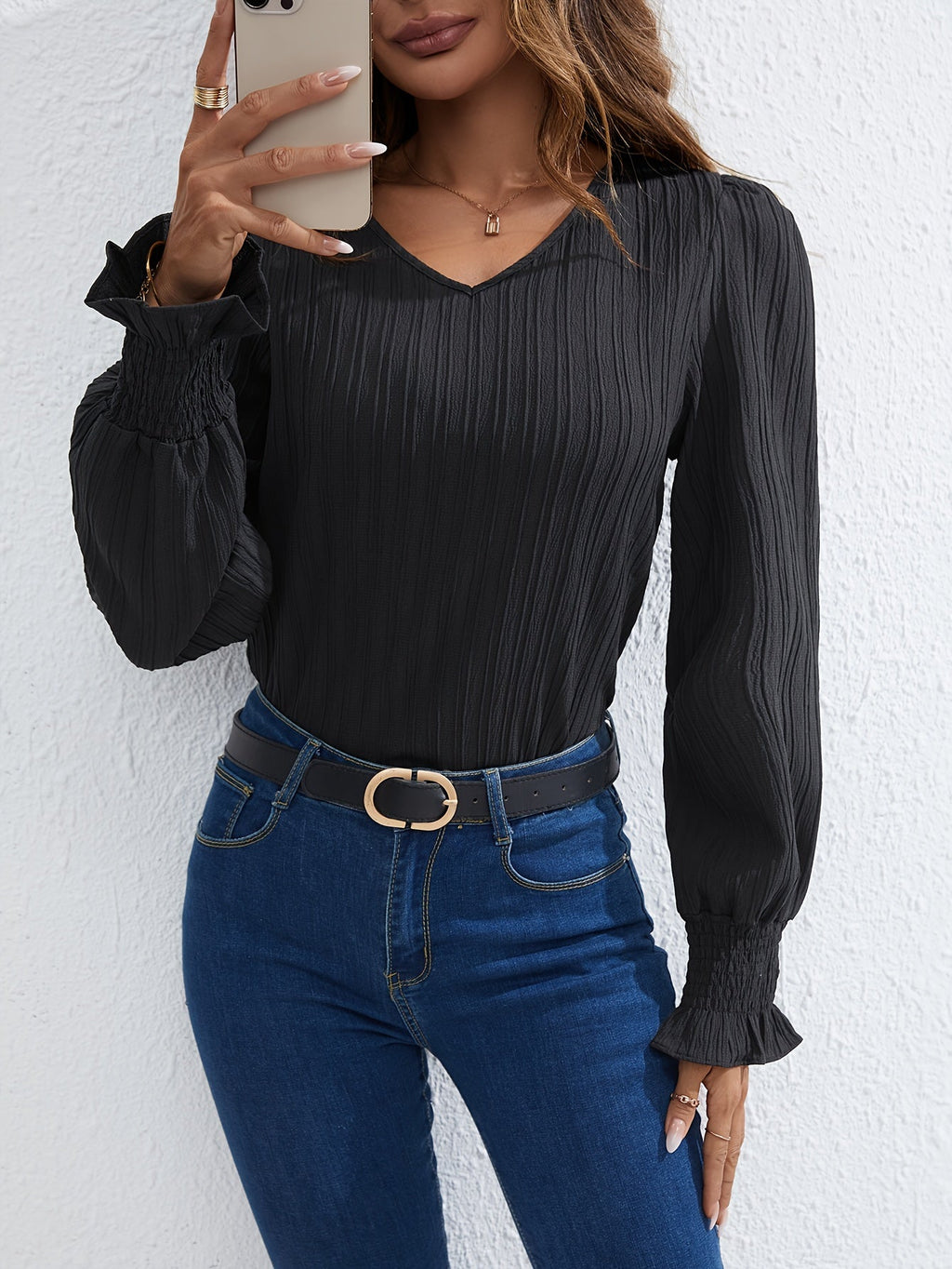 Black Pleated V-Neck Blouse - CristianLavian