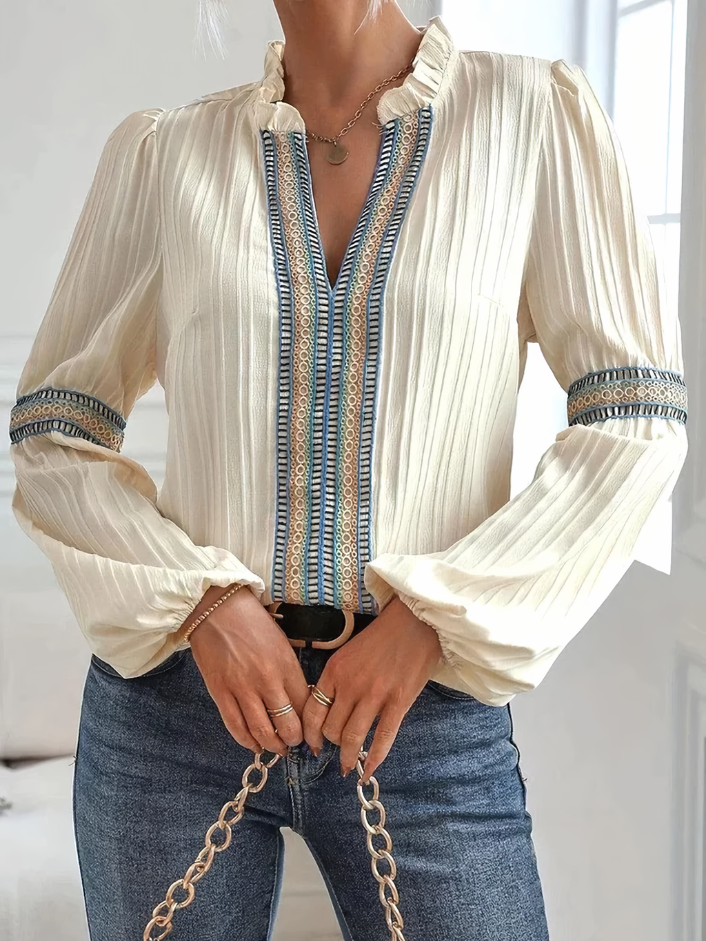 Embroidered Panel Long-Sleeve Blouse - CristianLavian