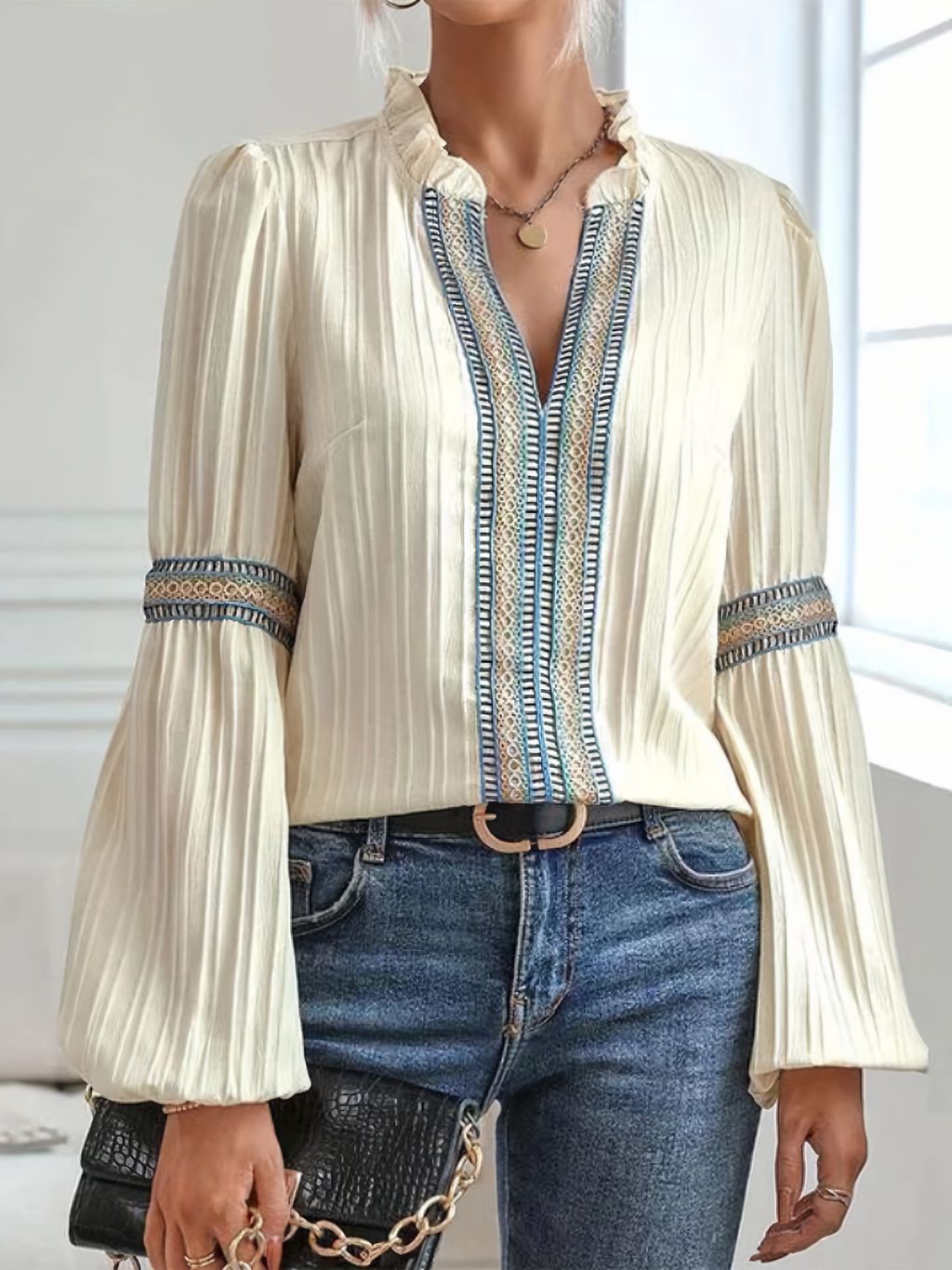 Embroidered Panel Long-Sleeve Blouse - CristianLavian