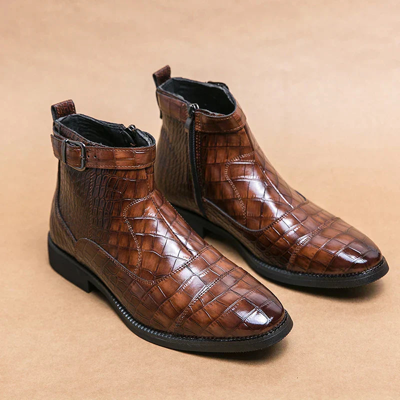 Men’s Croc-Texture Leather Ankle Boots