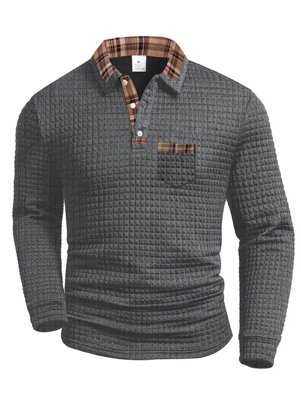 Men’s Textured Plaid-Trim Polo Long Sleeve