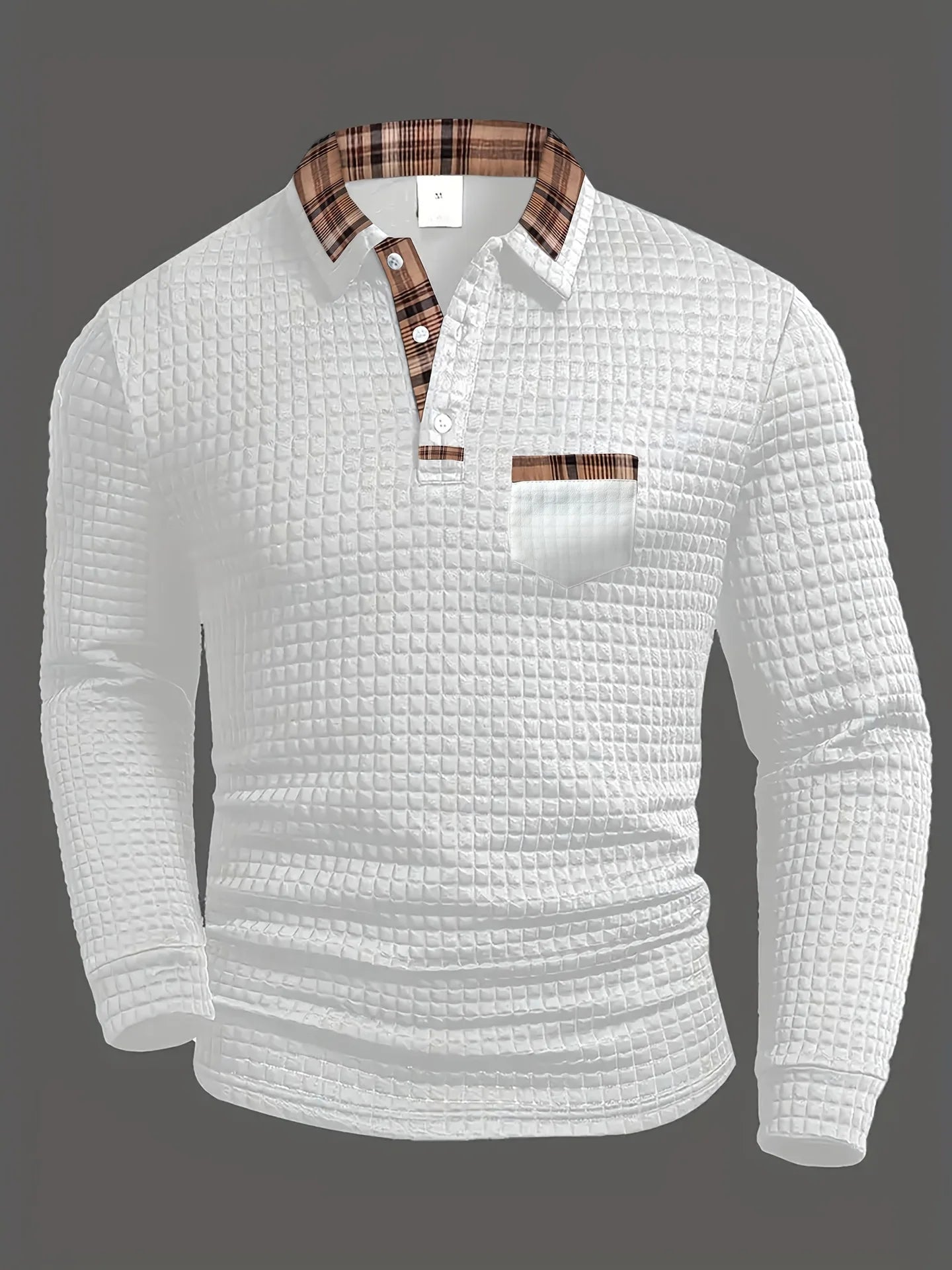 Men’s Textured Plaid-Trim Polo Long Sleeve