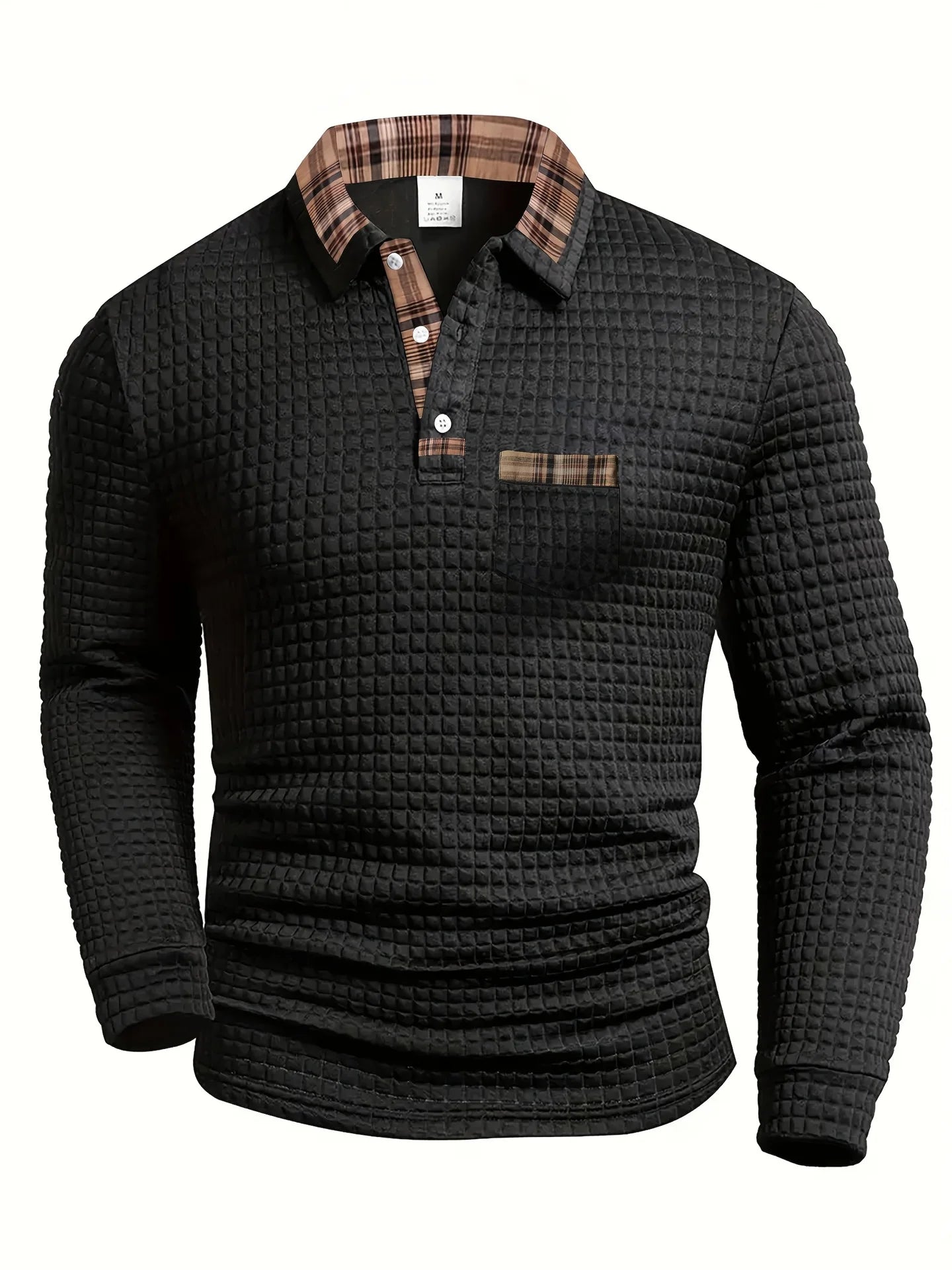 Men’s Textured Plaid-Trim Polo Long Sleeve