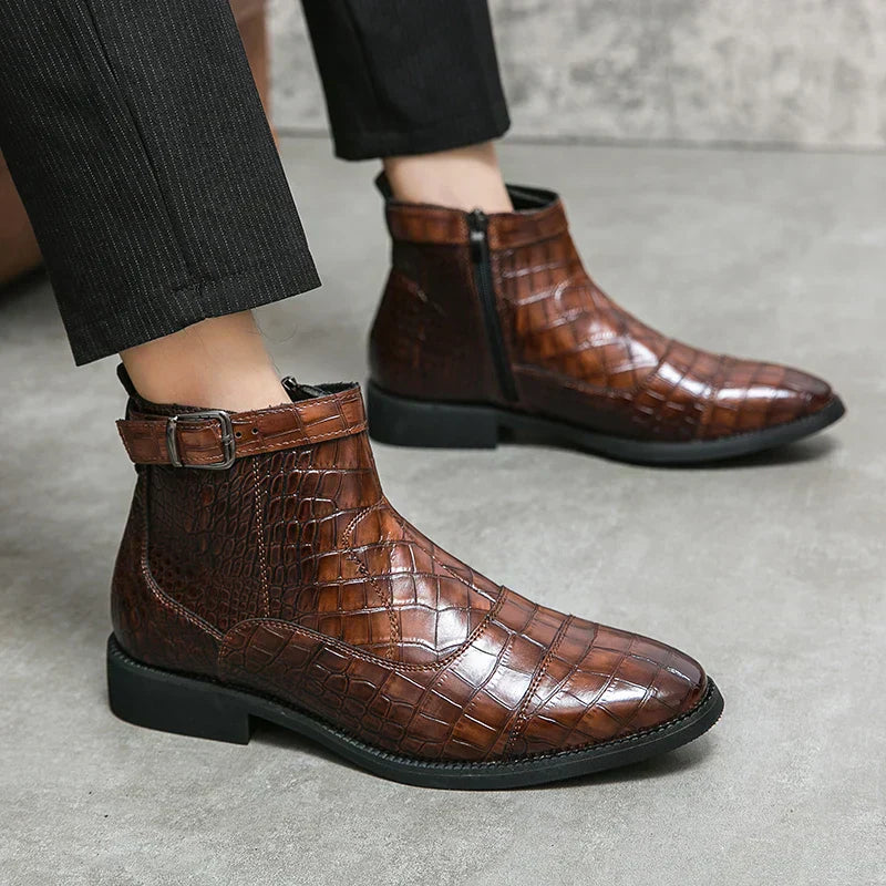Men’s Croc-Texture Leather Ankle Boots