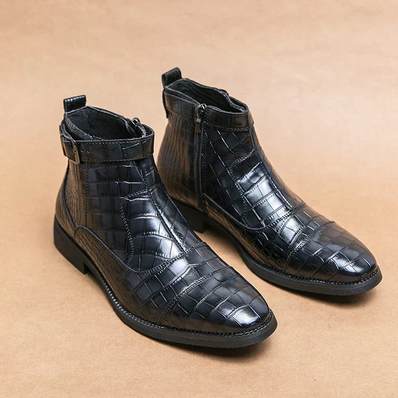 Men’s Croc-Texture Leather Ankle Boots