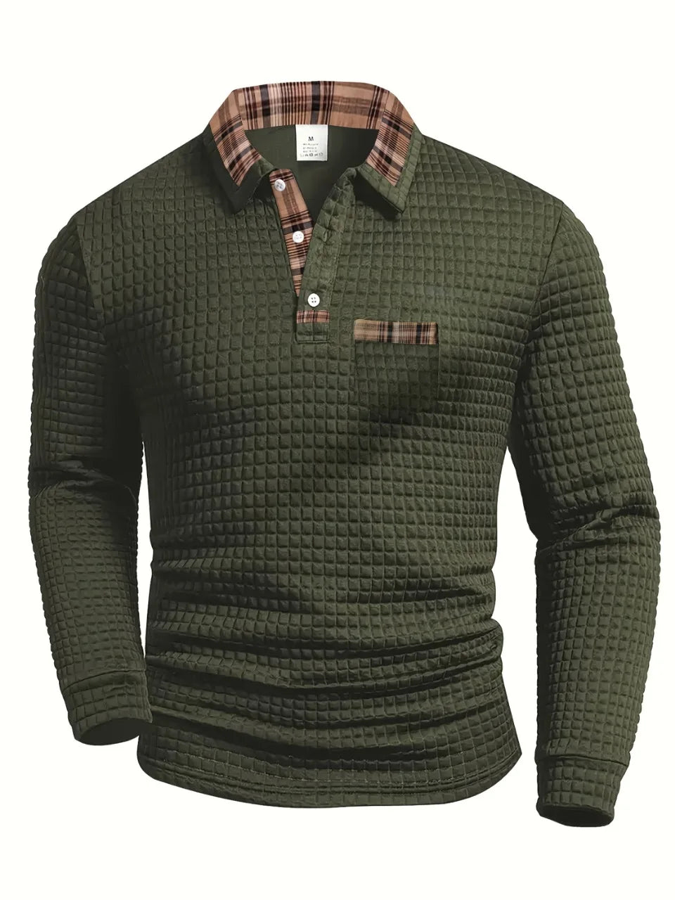 Men’s Textured Plaid-Trim Polo Long Sleeve