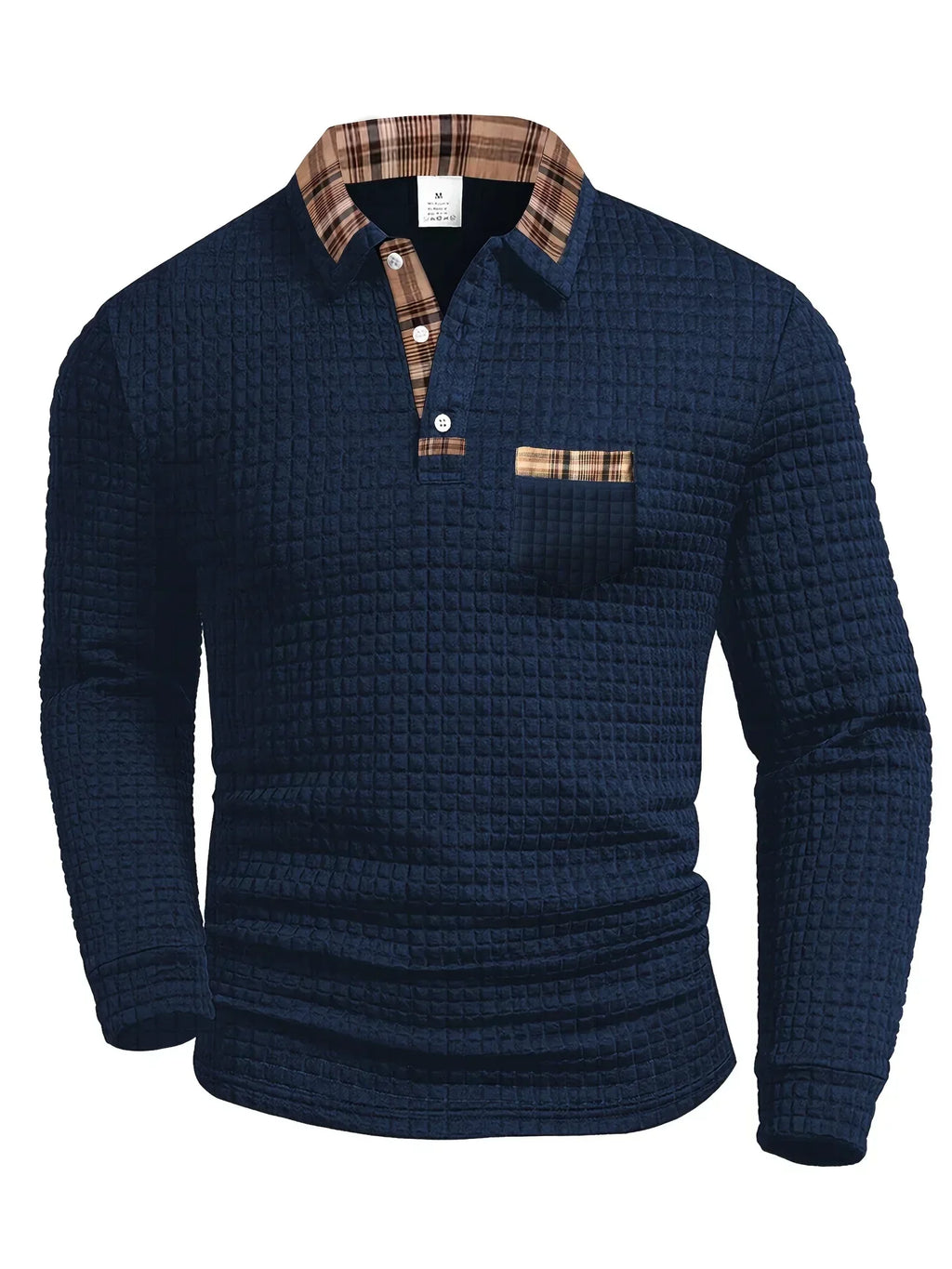 Men’s Textured Plaid-Trim Polo Long Sleeve