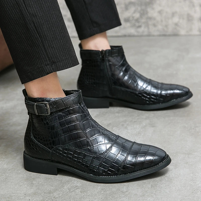 Men’s Croc-Texture Leather Ankle Boots