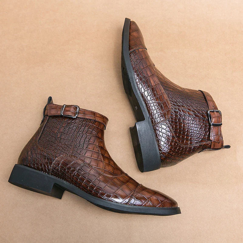 Men’s Croc-Texture Leather Ankle Boots