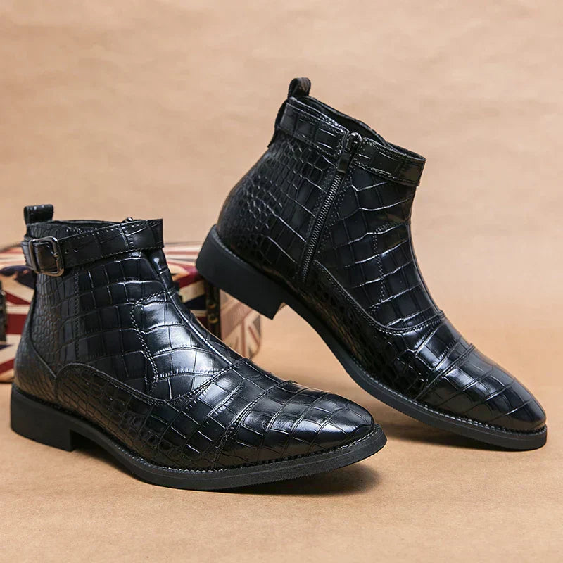 Men’s Croc-Texture Leather Ankle Boots